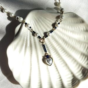 Elegant Pearl and Blue Heart Necklace